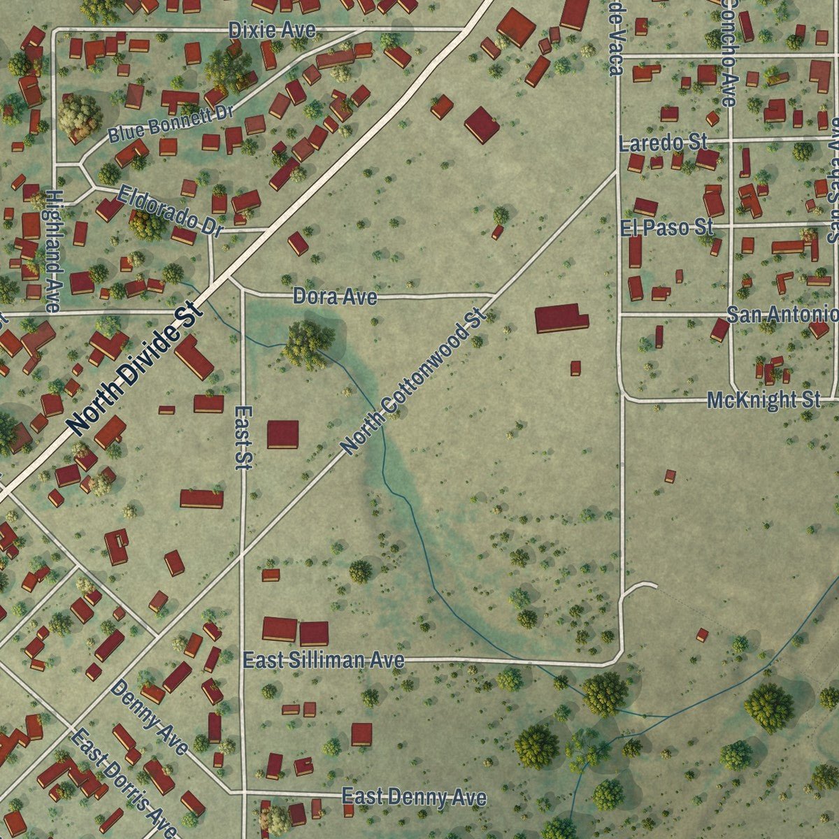Second close-up of the map of Eldorado, Texas print showing more streets and buildings