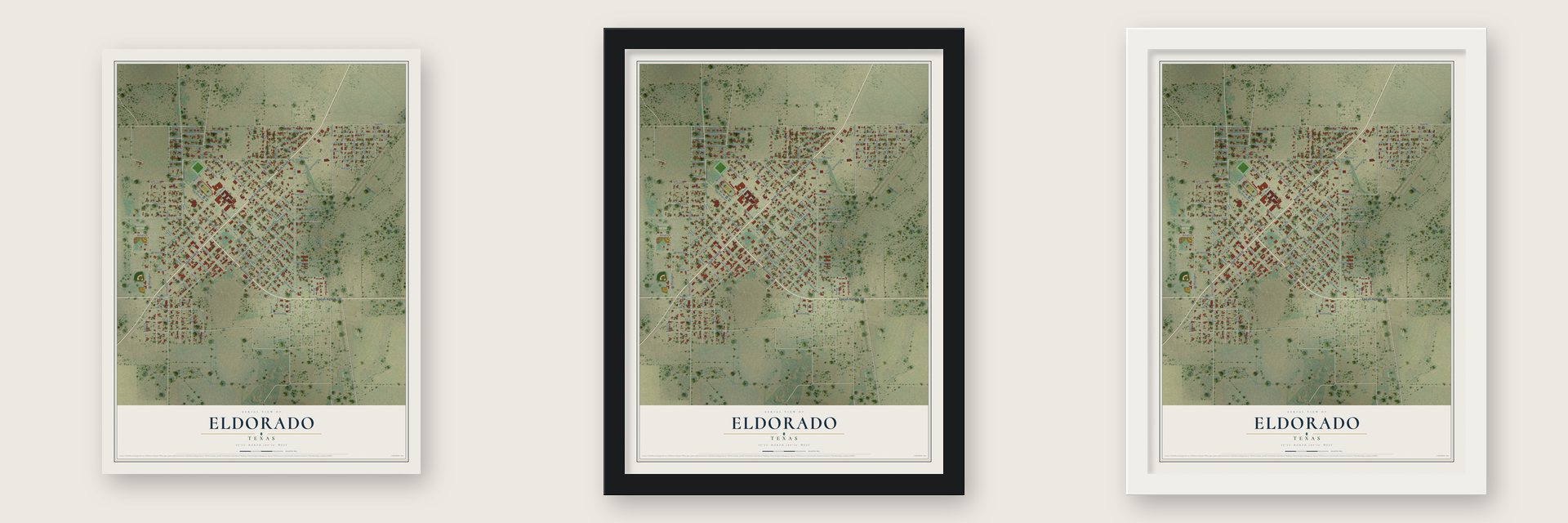 Eldorado, Texas map unframed, in a black wood frame and in a white wood frame
