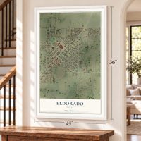 Eldorado, Texas map, 24 x 36 inch print in a white frame by a staircase