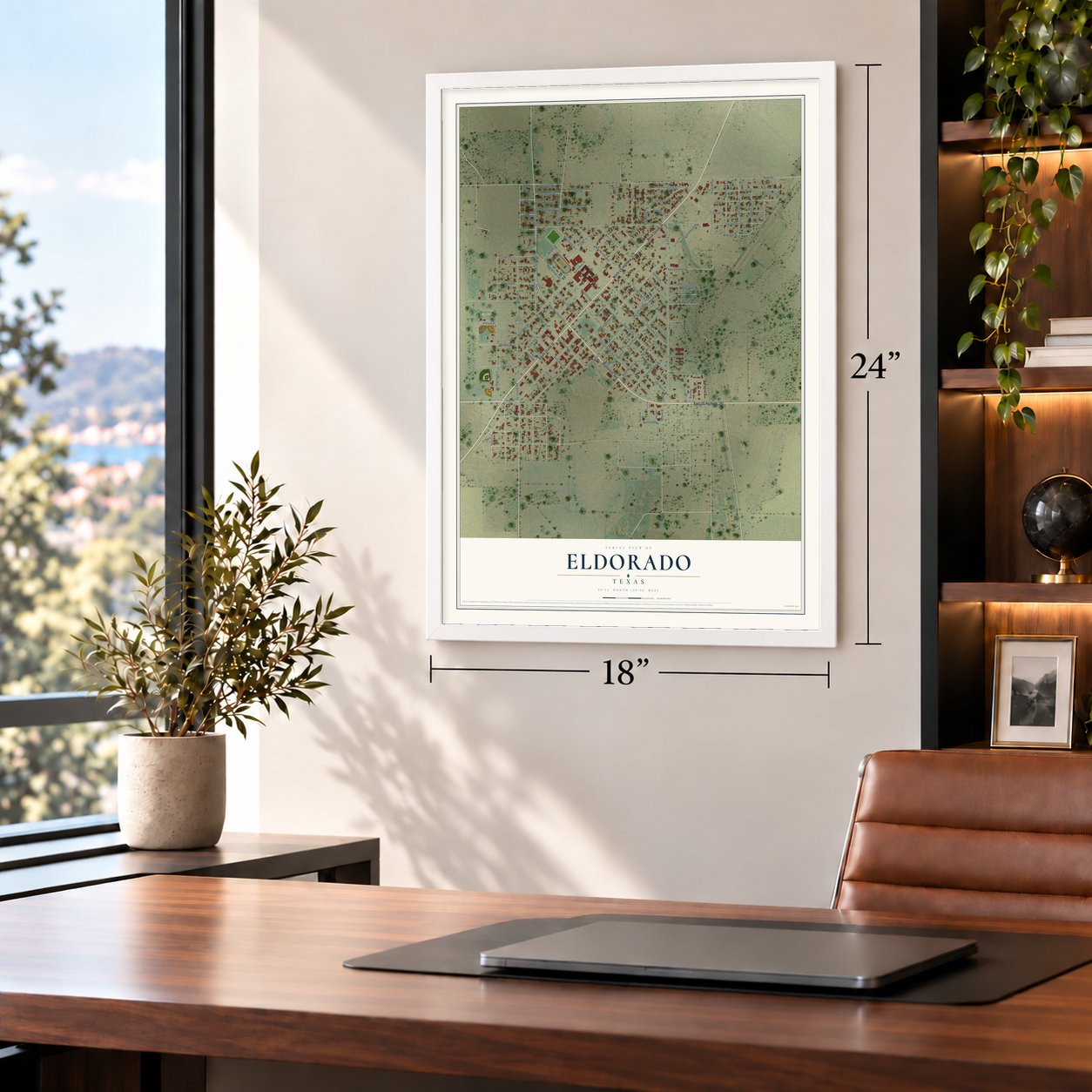 Eldorado, Texas map, 18 x 24 inch print in a white frame in a home office