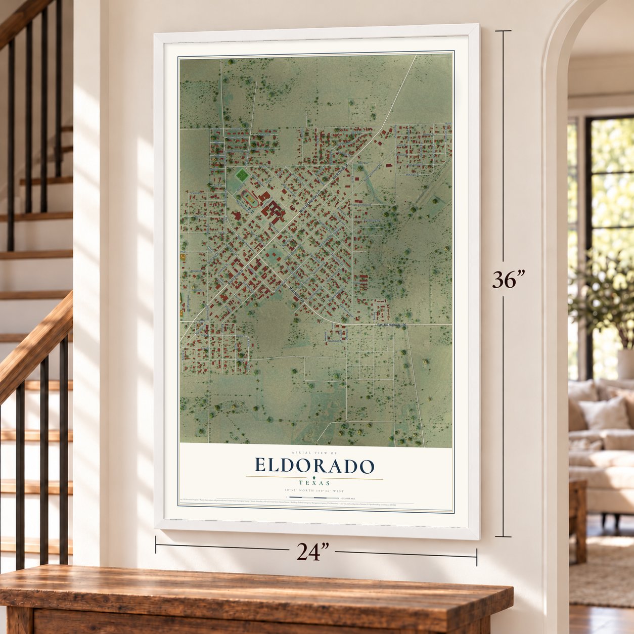 Eldorado, Texas map, 24 x 36 inch print in a white frame by a staircase
