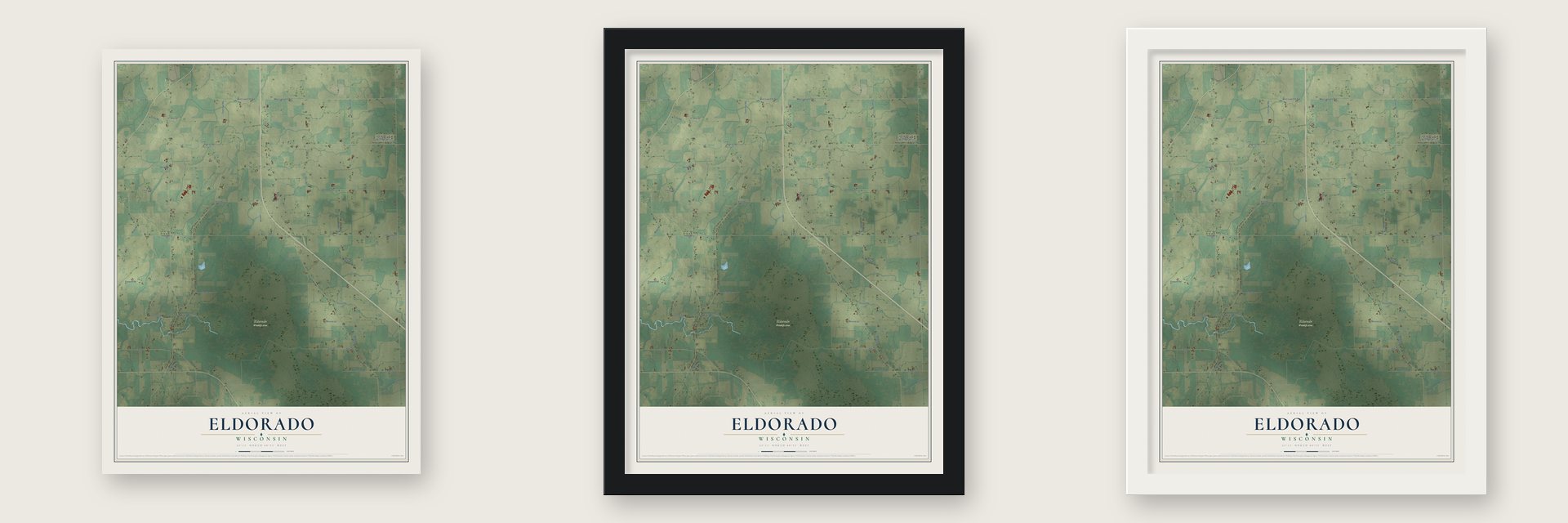 Eldorado, Wisconsin map unframed, in a black wood frame and in a white wood frame