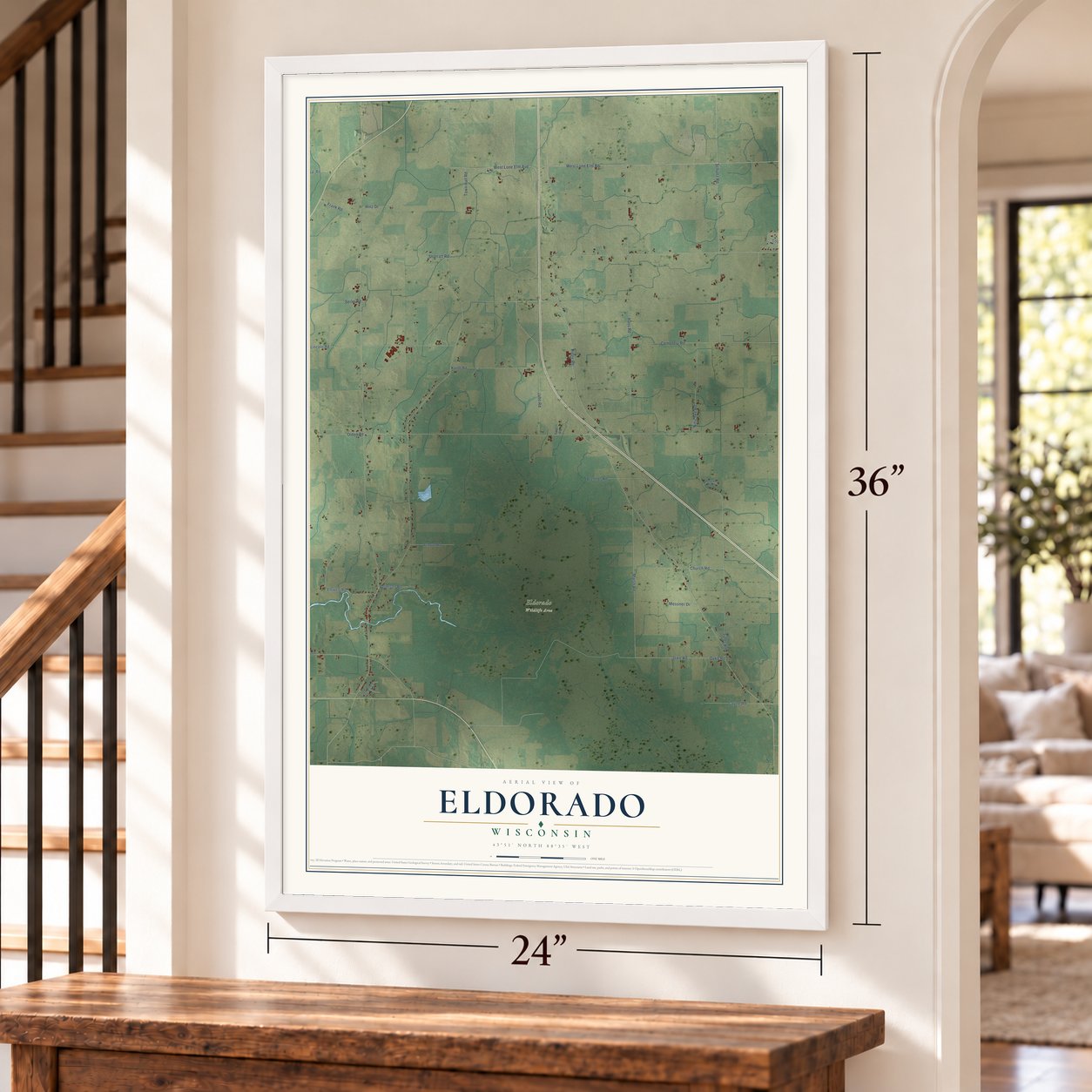 Eldorado, Wisconsin map, 24 x 36 inch print in a white frame by a staircase