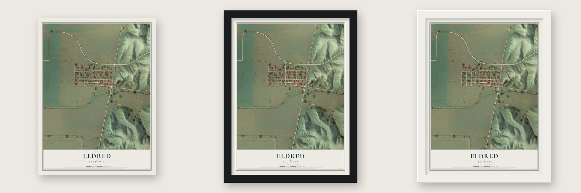 Eldred, Illinois map unframed, in a black wood frame and in a white wood frame