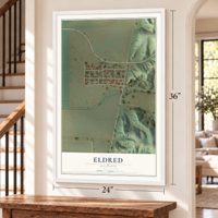 Eldred, Illinois map, 24 x 36 inch print in a white frame by a staircase