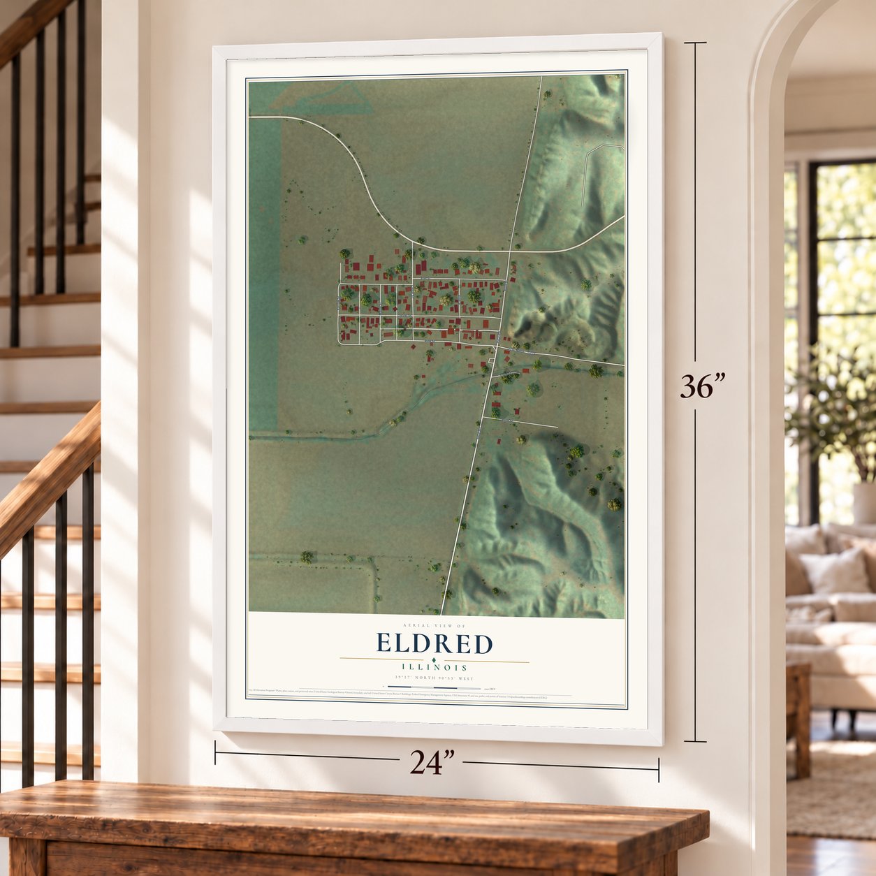 Eldred, Illinois map, 24 x 36 inch print in a white frame by a staircase