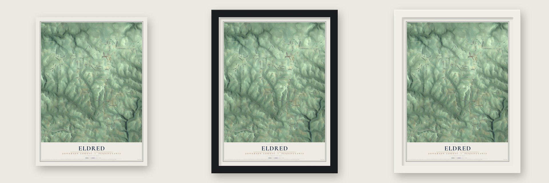 Eldred, Jefferson County, Pennsylvania map unframed, in a black wood frame and in a white wood frame