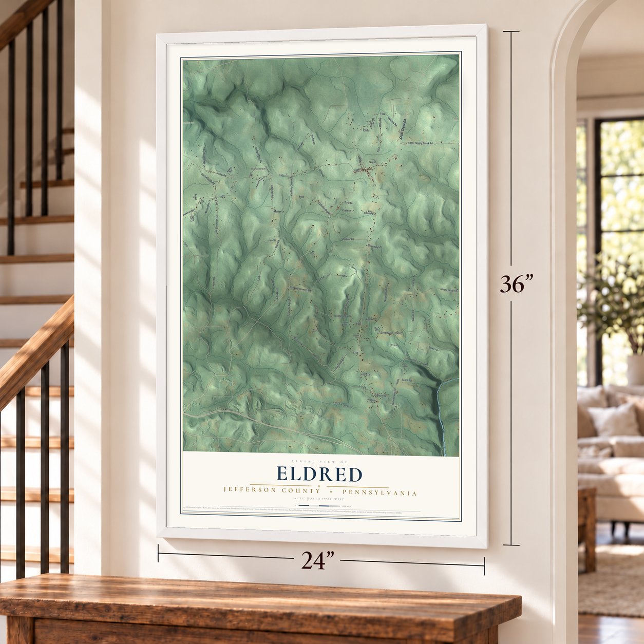 Eldred, Jefferson County, Pennsylvania map, 24 x 36 inch print in a white frame by a staircase