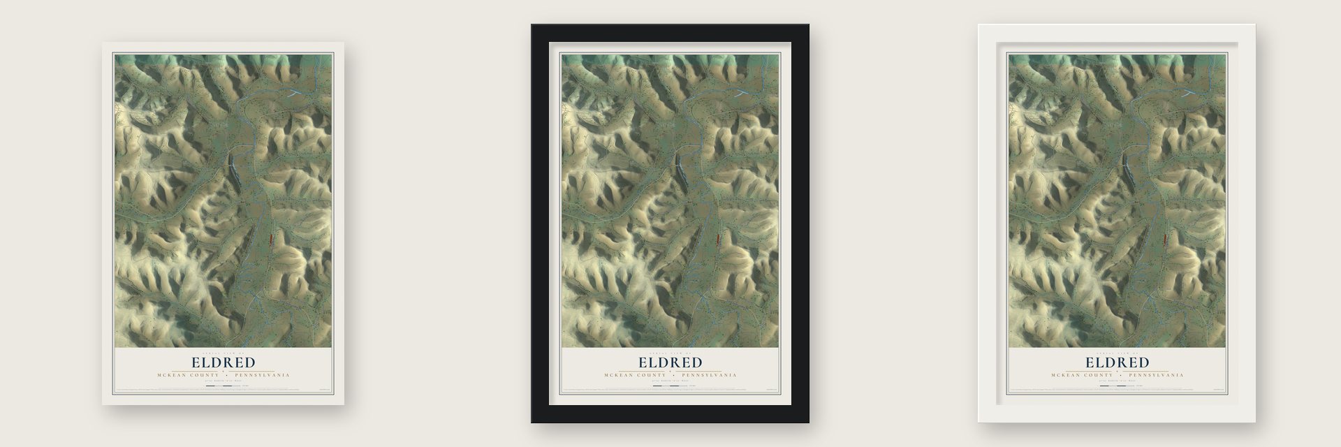 Eldred, McKean County, Pennsylvania map unframed, in a black wood frame and in a white wood frame
