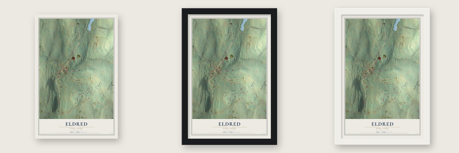 Eldred, New York map unframed, in a black wood frame and in a white wood frame