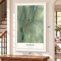 Eldred, New York map, 24 x 36 inch print in a white frame by a staircase