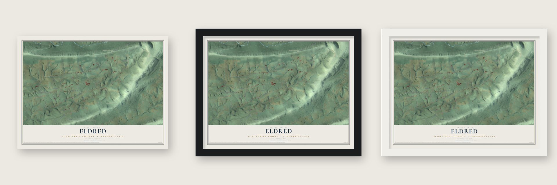 Eldred, Schuylkill County, Pennsylvania map unframed, in a black wood frame and in a white wood frame