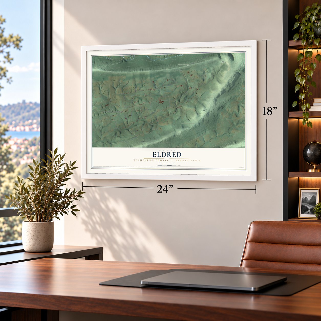 Eldred, Schuylkill County, Pennsylvania map, 18 x 24 inch print in a white frame in a home office