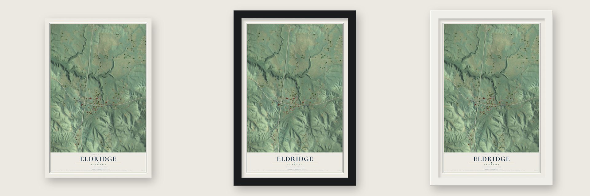 Eldridge, Alabama map unframed, in a black wood frame and in a white wood frame
