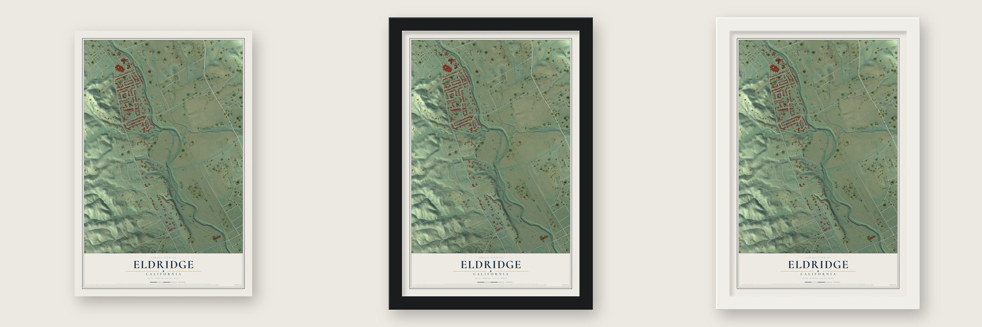 Eldridge, California map unframed, in a black wood frame and in a white wood frame