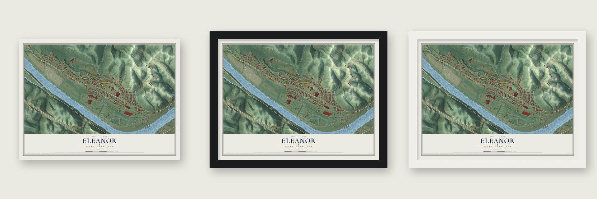 Eleanor, West Virginia map unframed, in a black wood frame and in a white wood frame