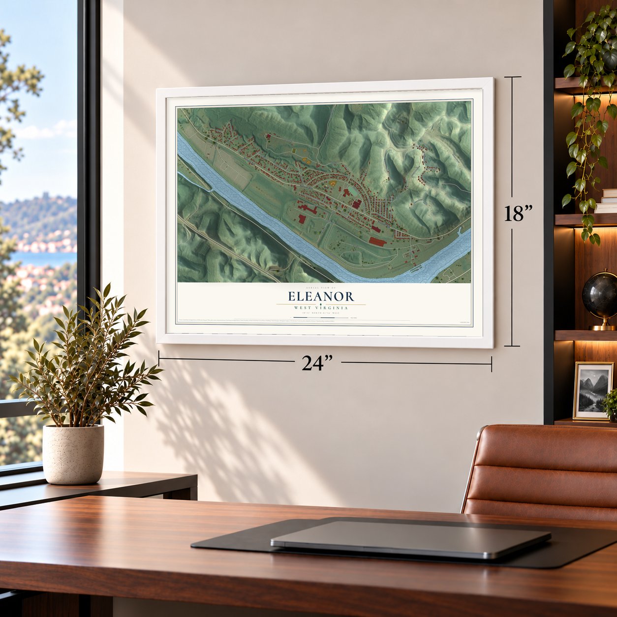 Eleanor, West Virginia map, 18 x 24 inch print in a white frame in a home office