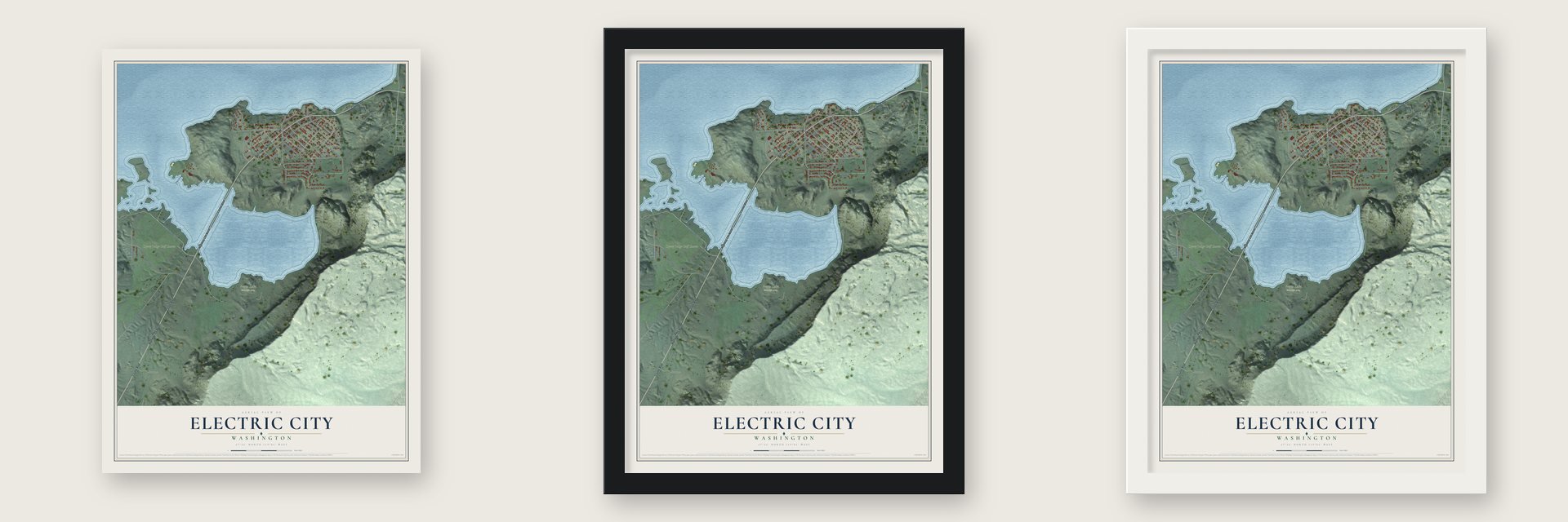 Electric City, Washington map unframed, in a black wood frame and in a white wood frame