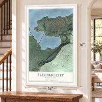 Electric City, Washington map, 24 x 36 inch print in a white frame by a staircase