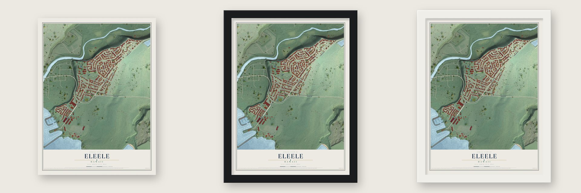 Eleele, Hawaii map unframed, in a black wood frame and in a white wood frame