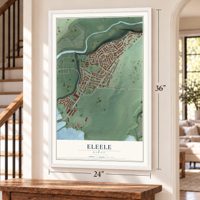 Eleele, Hawaii map, 24 x 36 inch print in a white frame by a staircase