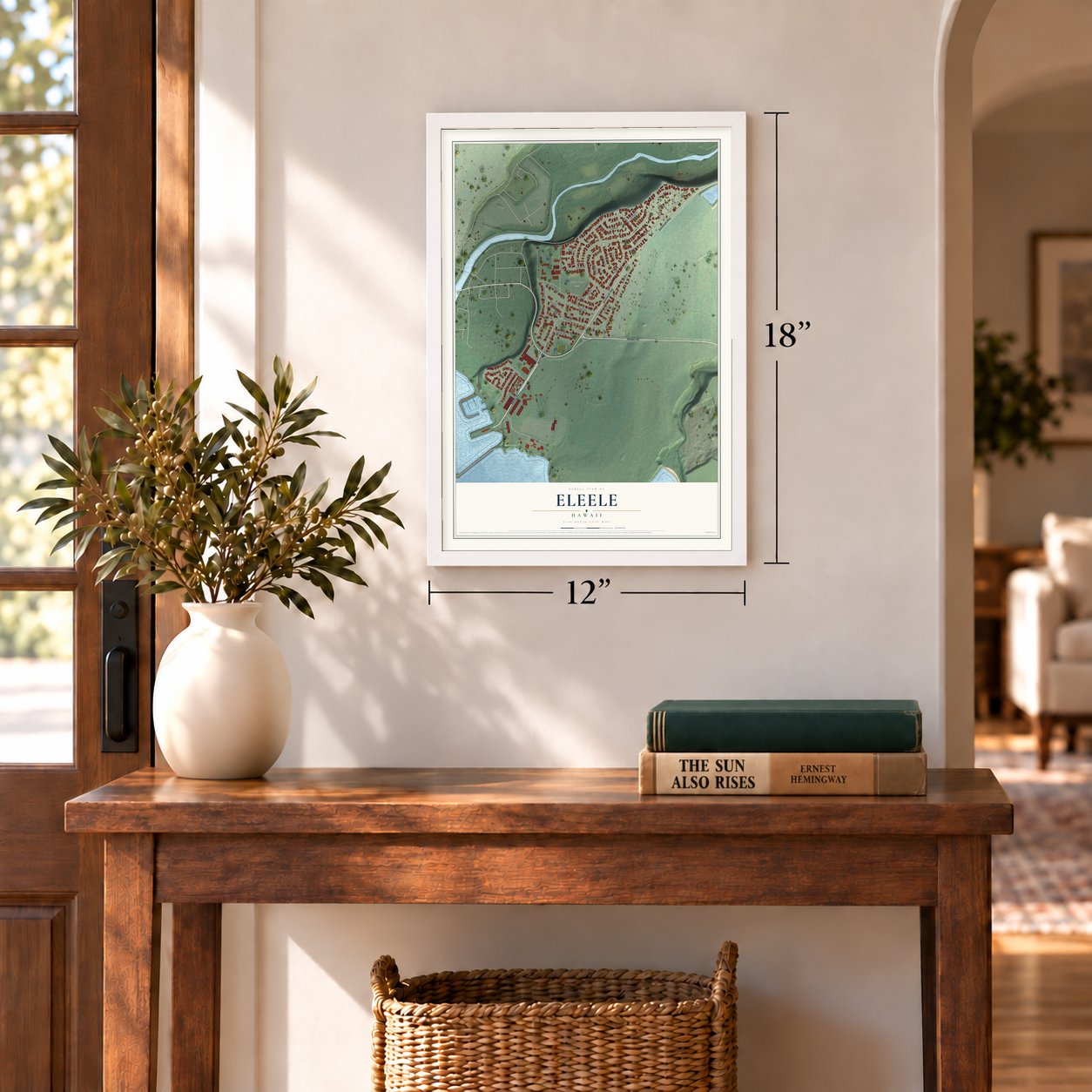 Eleele, Hawaii map, 12 x 18 inch print in a white frame in an entryway