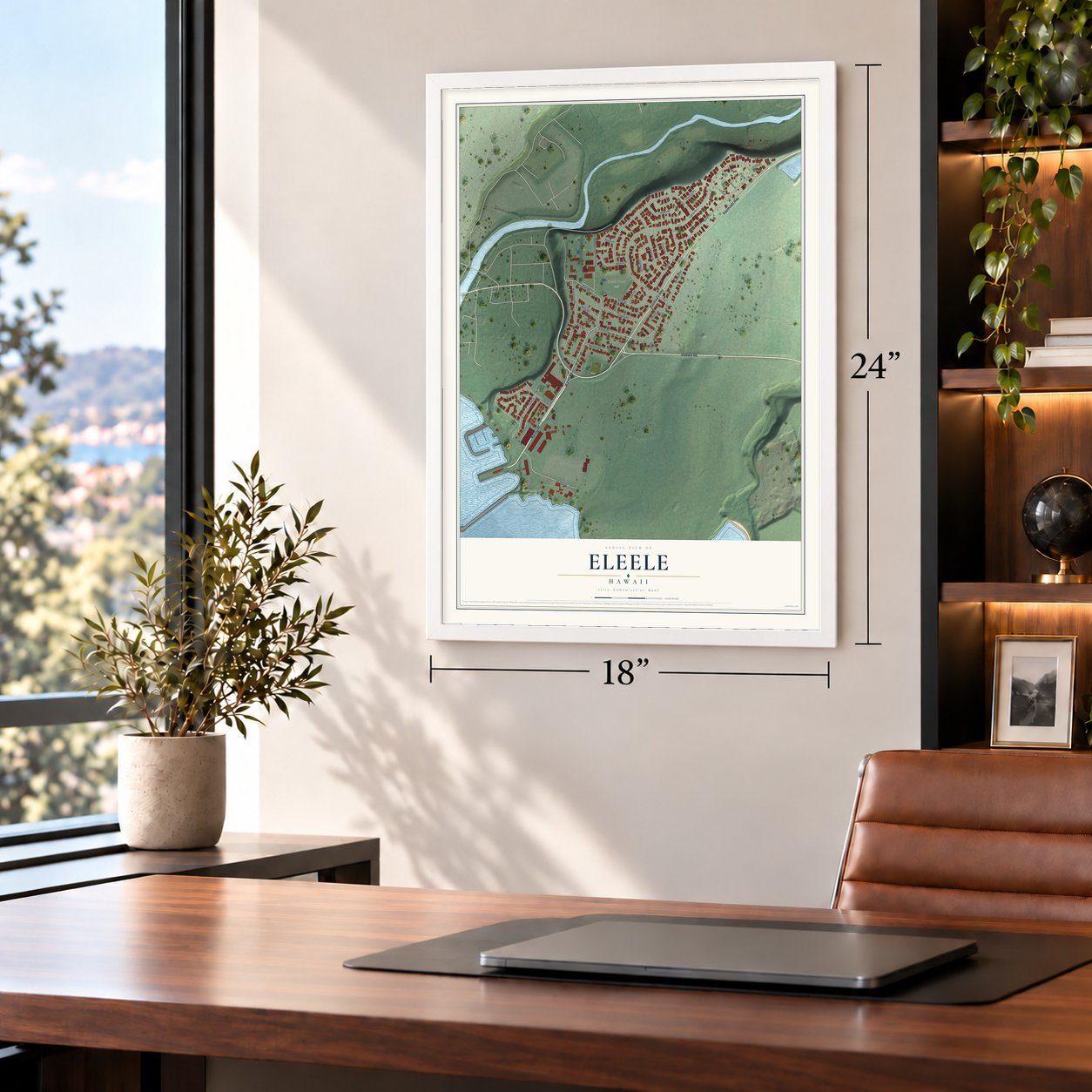 Eleele, Hawaii map, 18 x 24 inch print in a white frame in a home office