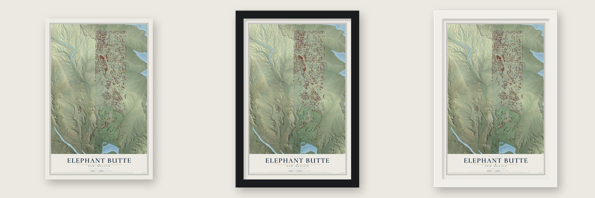 Elephant Butte, New Mexico map unframed, in a black wood frame and in a white wood frame