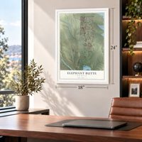 Elephant Butte, New Mexico map, 18 x 24 inch print in a white frame in a home office