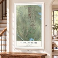 Elephant Butte, New Mexico map, 24 x 36 inch print in a white frame by a staircase