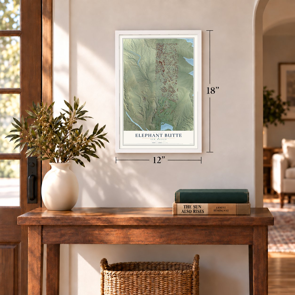 Elephant Butte, New Mexico map, 12 x 18 inch print in a white frame in an entryway