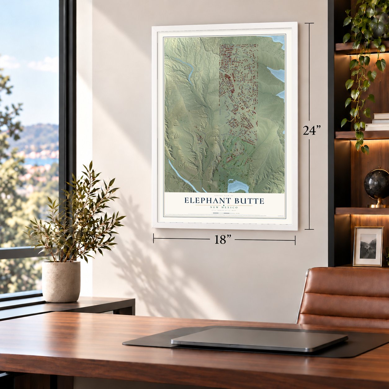 Elephant Butte, New Mexico map, 18 x 24 inch print in a white frame in a home office
