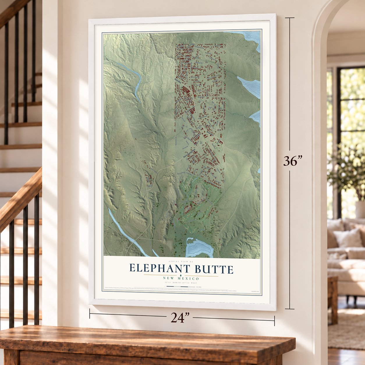 Elephant Butte, New Mexico map, 24 x 36 inch print in a white frame by a staircase