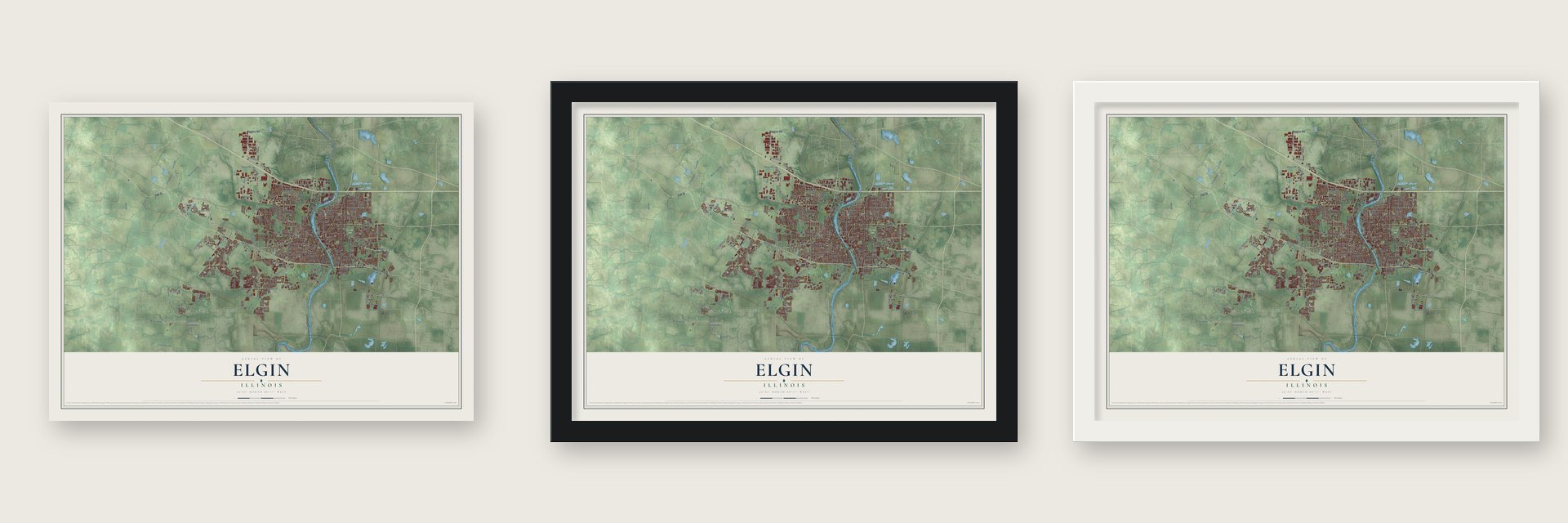 Elgin, Illinois map unframed, in a black wood frame and in a white wood frame