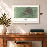 Elgin, Illinois map, 12 x 18 inch print in a white frame in an entryway