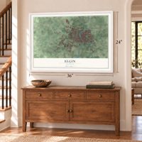 Elgin, Illinois map, 24 x 36 inch print in a white frame above a dresser by a staircase