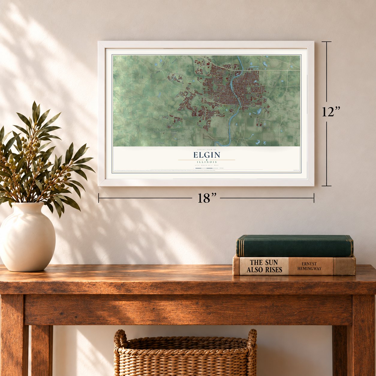 Elgin, Illinois map, 12 x 18 inch print in a white frame in an entryway