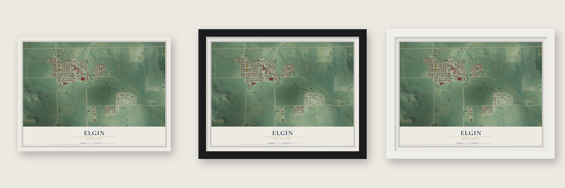 Elgin, Minnesota map unframed, in a black wood frame and in a white wood frame