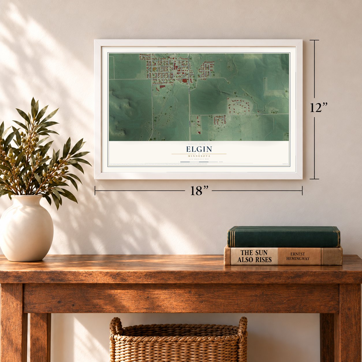 Elgin, Minnesota map, 12 x 18 inch print in a white frame in an entryway