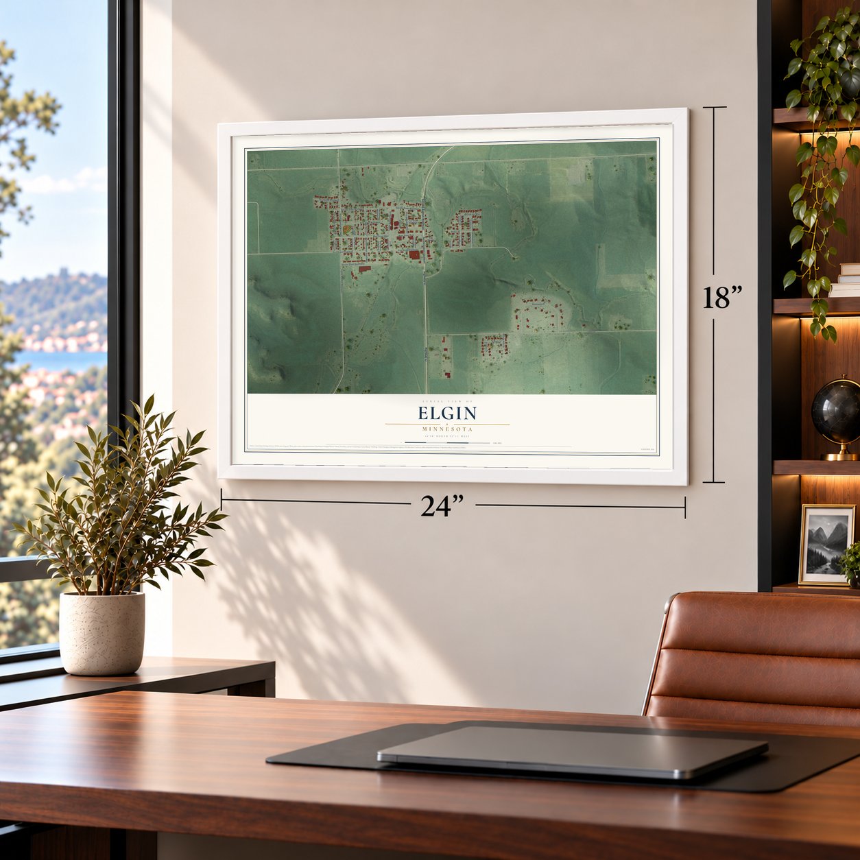 Elgin, Minnesota map, 18 x 24 inch print in a white frame in a home office