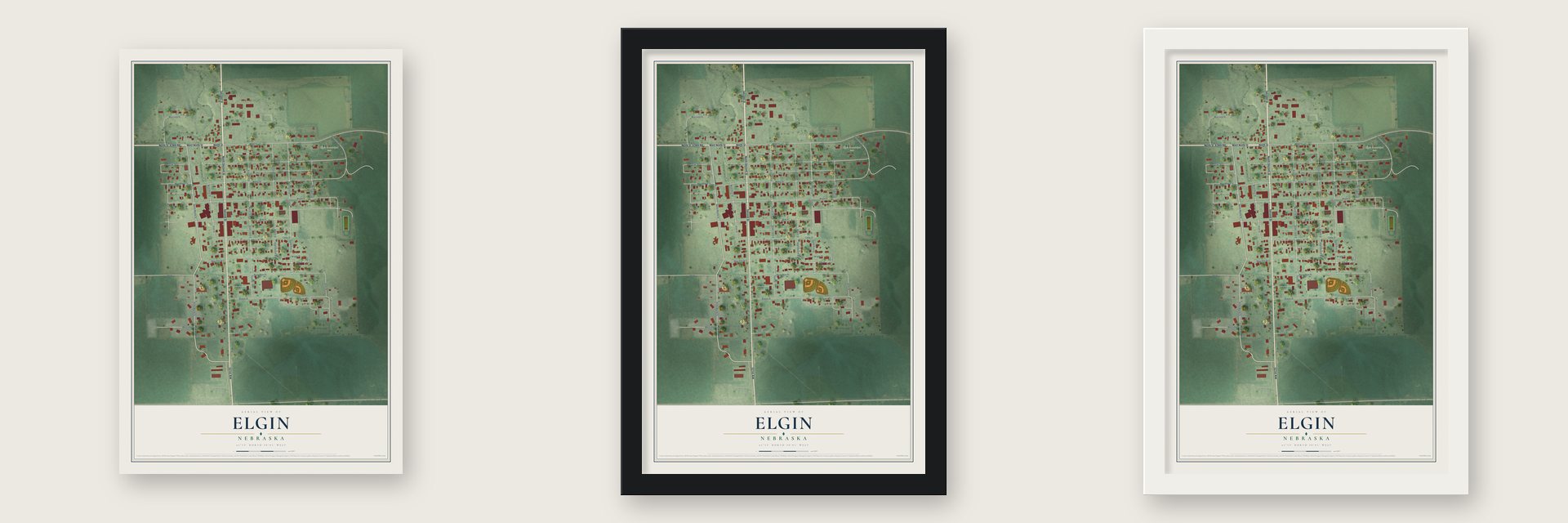 Elgin, Nebraska map unframed, in a black wood frame and in a white wood frame