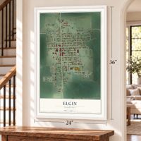 Elgin, Nebraska map, 24 x 36 inch print in a white frame by a staircase