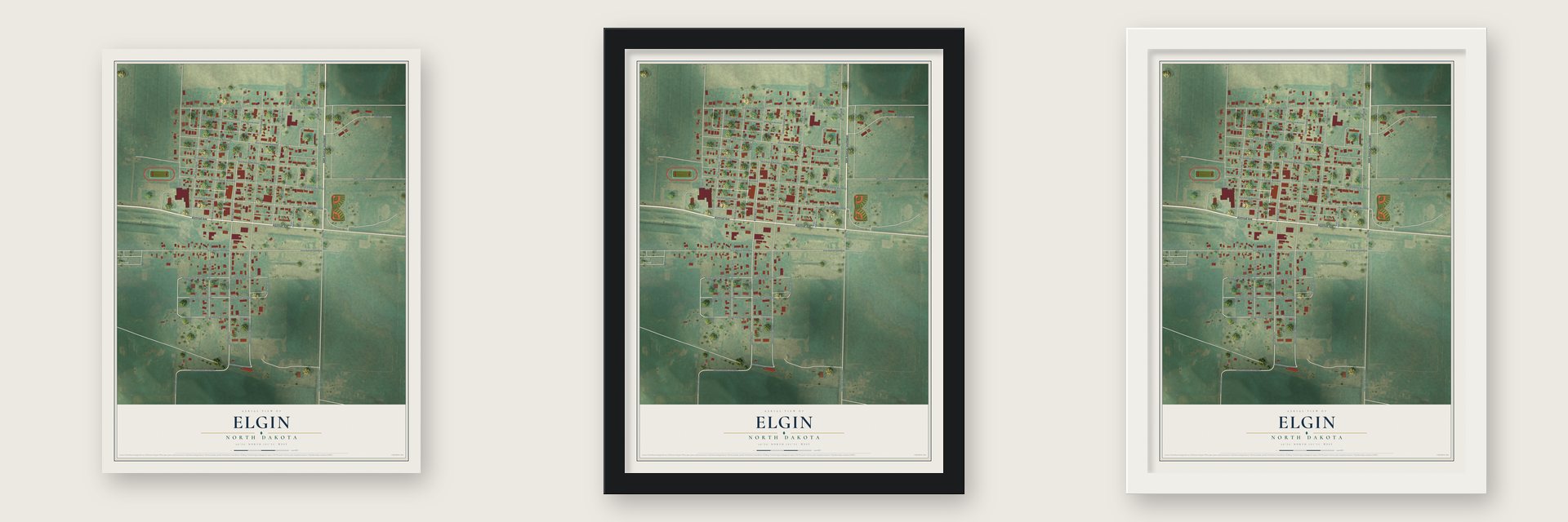 Elgin, North Dakota map unframed, in a black wood frame and in a white wood frame
