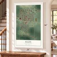 Elgin, North Dakota map, 24 x 36 inch print in a white frame by a staircase