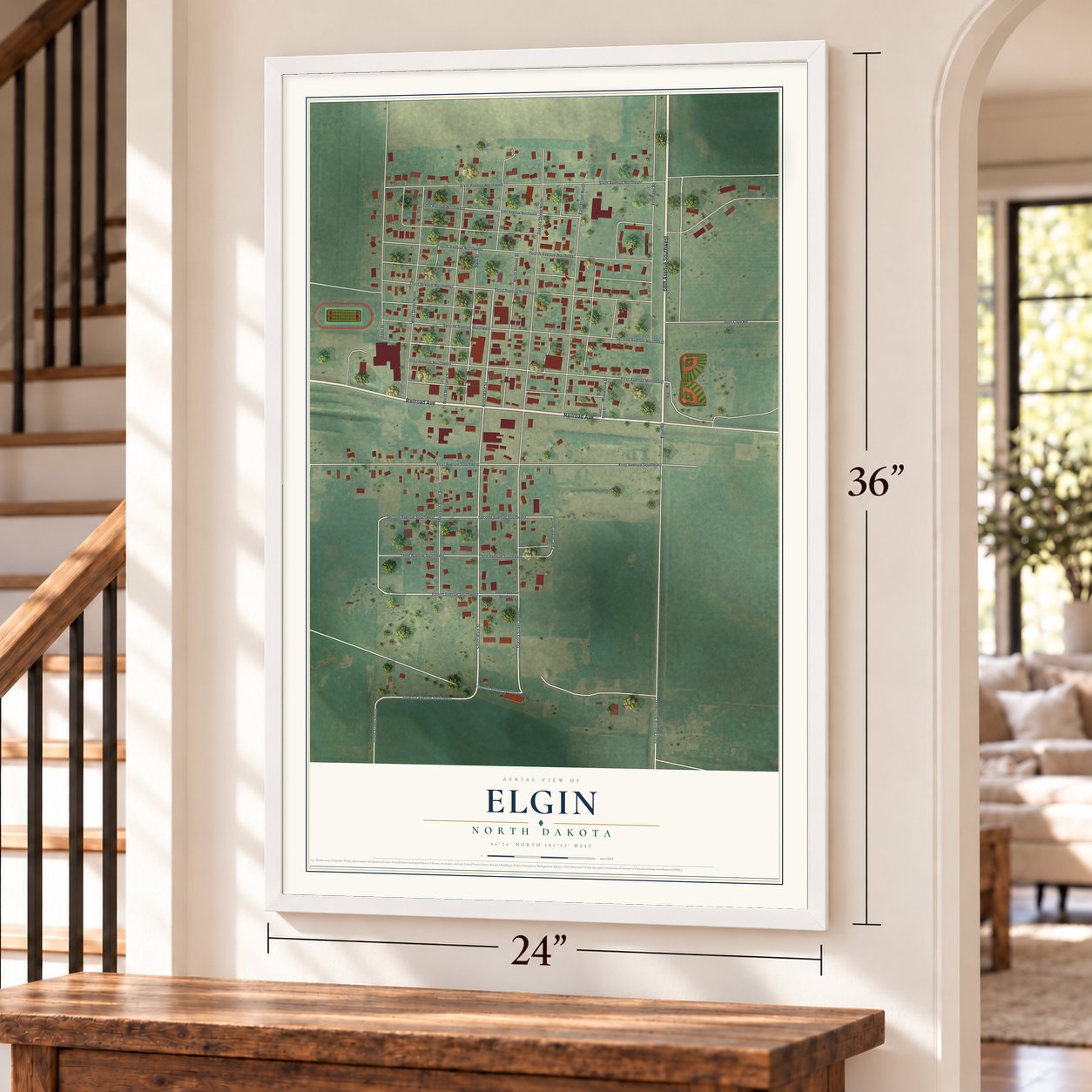 Elgin, North Dakota map, 24 x 36 inch print in a white frame by a staircase