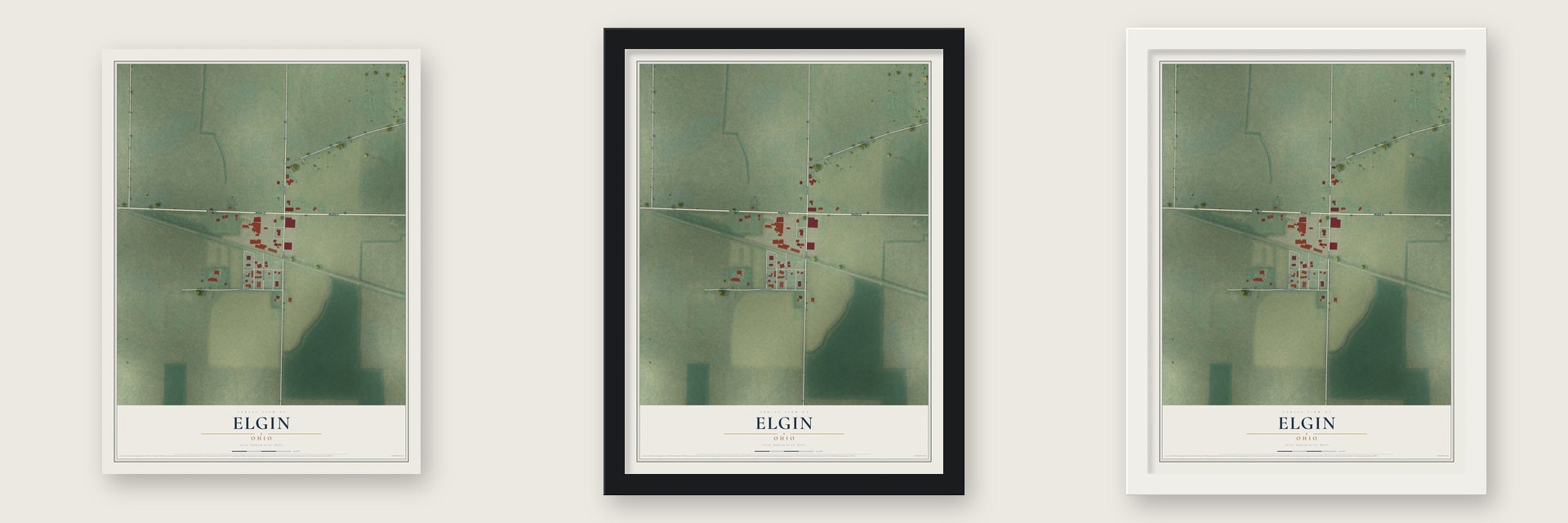 Elgin, Ohio map unframed, in a black wood frame and in a white wood frame