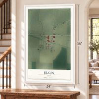 Elgin, Ohio map, 24 x 36 inch print in a white frame by a staircase