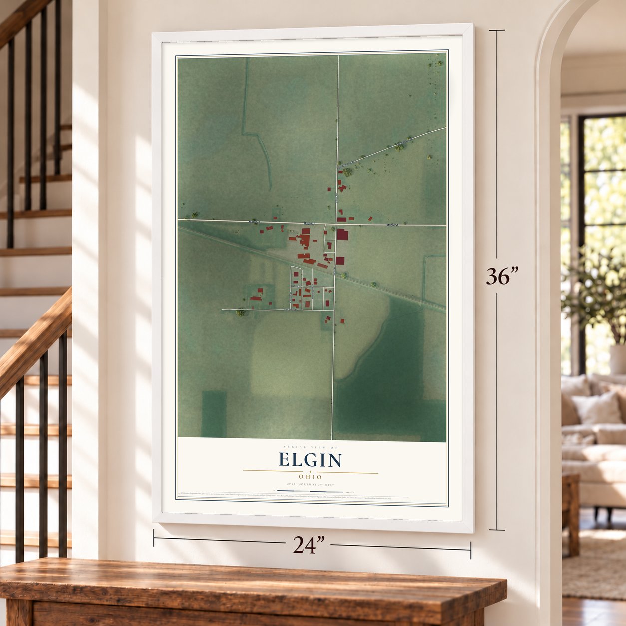 Elgin, Ohio map, 24 x 36 inch print in a white frame by a staircase