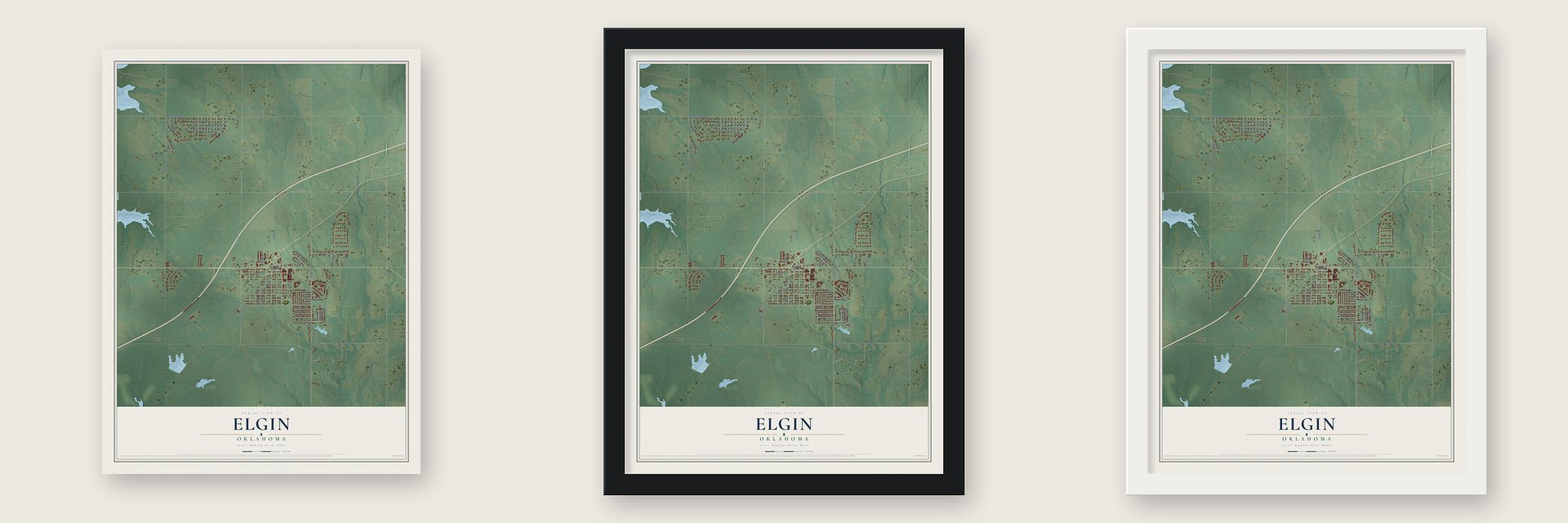 Elgin, Oklahoma map unframed, in a black wood frame and in a white wood frame