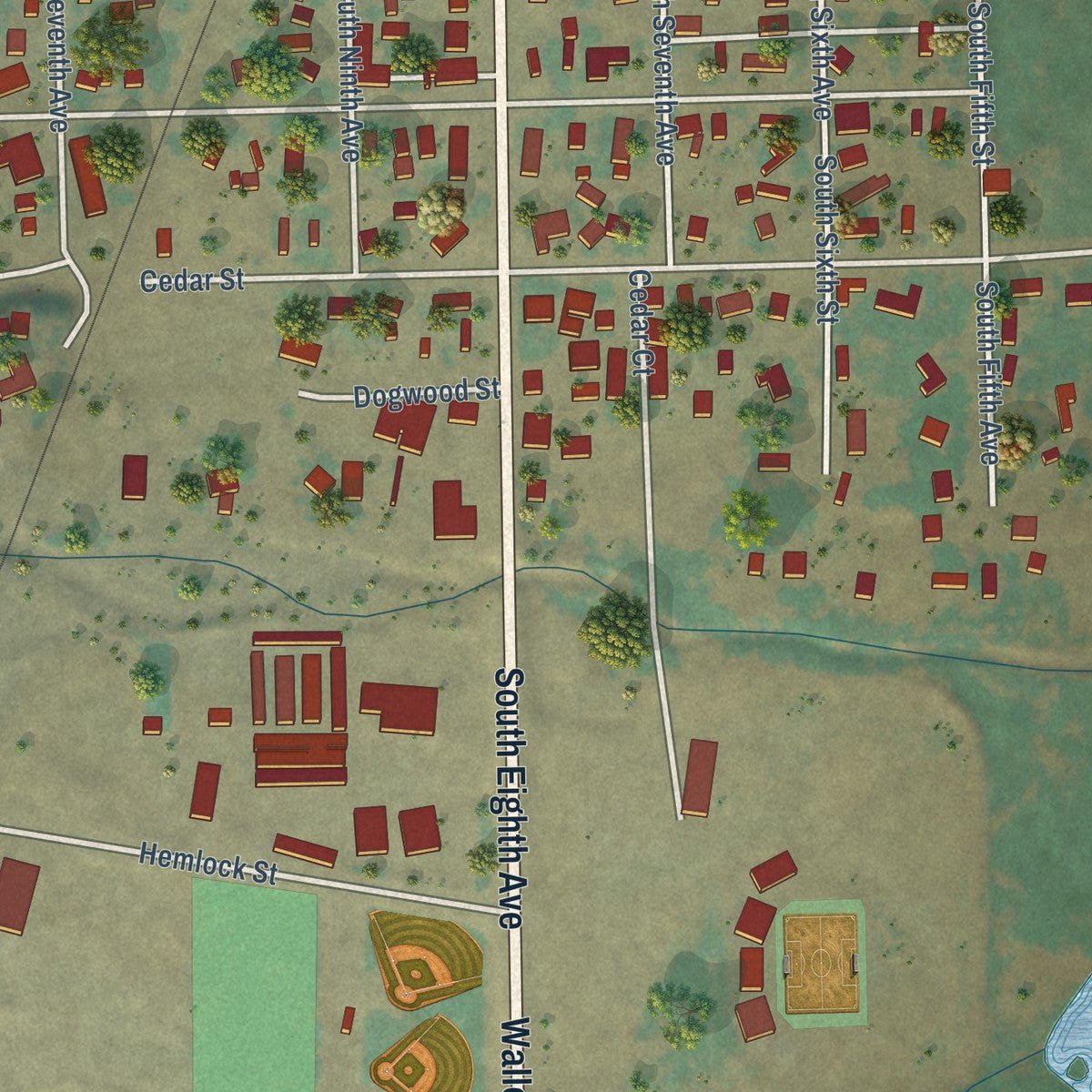 Second close-up of the map of Elgin, Oregon print showing more streets and buildings